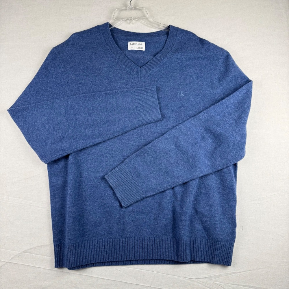 Calvin Klein Mens V-Neck 100% Wool Sweater Blue XL 40CM322